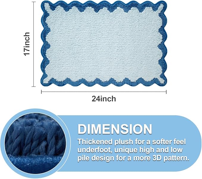 ORTIGIA Small Blue Scalloped Bath Mat, Cute Plush Microfiber Scallop Bathroom Rugs Non Slip Washable Quick Dry Absorbent, Bathmat Carpet for Shower Stall Vanities Kitchen Floor Entrance, 17x24