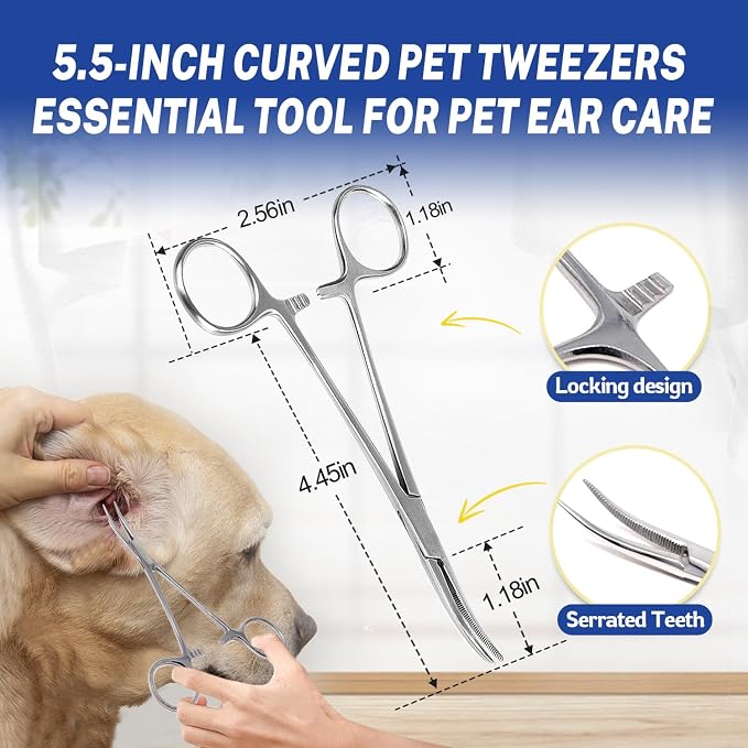 Dog Ear Hair Removal Kit with Ear Powder & 5.5" Curved Locking Forceps – Dog Ear Finger Wipes for Grooming, Helps Remove Excess Ear Hair, Dirt & Moisture, Alcohol-Free Pet Ear Care for Dogs