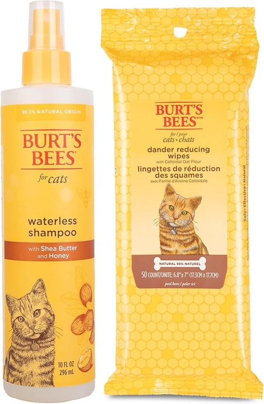 Burt's Bees for Pets Cats Grooming Bundle: Waterless Cat Shampoo with Apple & Honey, Naturally Derived Ingredients, 10oz & Cat Dander Reducing Wipes, 50ct