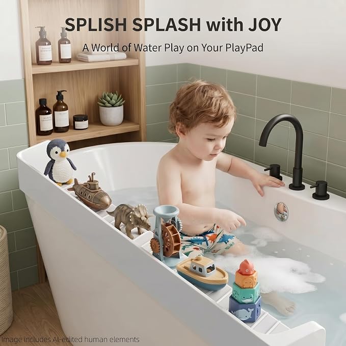 Bathtub Splash Guard for Tub Kids, Silicone Bath Toy Holder & Tub Side Tray with Suction Cups, Bath Tub Shelf for Kids, Bathtub Toy Storage, Blue