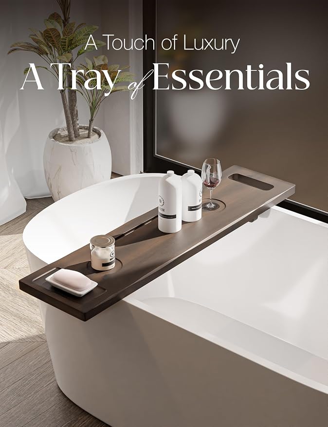 Tinamo Acacia Bathtub Tray Caddy with Adjustable Legs - Bath Tub Tray for Freestanding Tubs - 39x9.75 Inch Large Wooden Anti-Tipping Tub Tray for Bathtub with Accessories Holders (Walnut, 39x9.75) | Acacia Wood, Adjustable Width, 39" x 9.8" x 2.5", Mul...