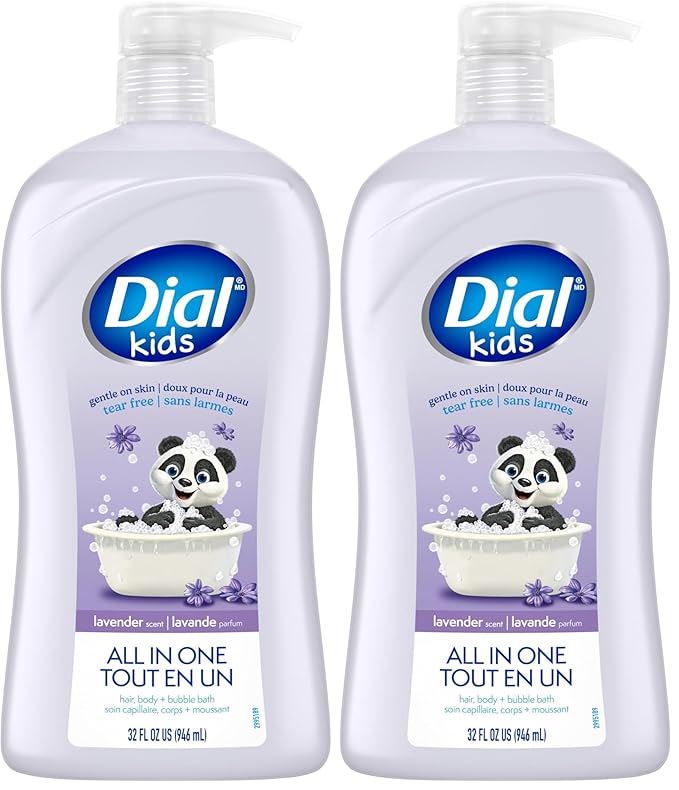 Dial Kids All-in-1 Body + Hair + Bubble Bath, Lavender Scent, 32 Fl Oz, Hypoallergenic Body Wash & Shampoo, No Tears Formula for Kids 2+ Years, No Parabens & Silicones (Pack of 2)