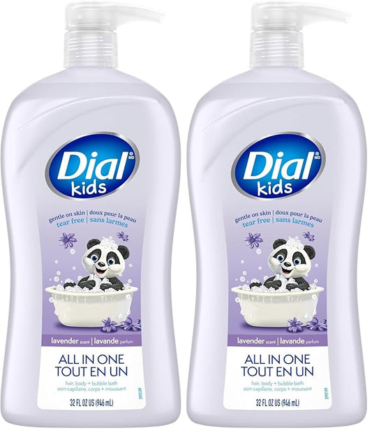 Dial Kids All-in-1 Body + Hair + Bubble Bath, Lavender Scent, 32 Fl Oz, Hypoallergenic Body Wash & Shampoo, No Tears Formula for Kids 2+ Years, No Parabens & Silicones (Pack of 2)