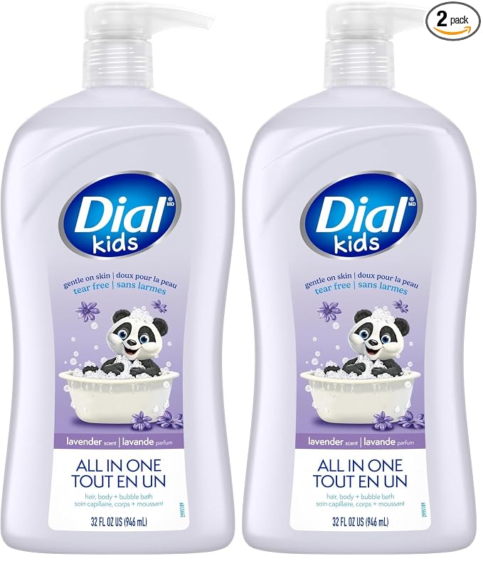Dial Kids All-in-1 Body + Hair + Bubble Bath, Lavender Scent, 32 Fl Oz, Hypoallergenic Body Wash & Shampoo, No Tears Formula for Kids 2+ Years, No Parabens & Silicones (Pack of 2)