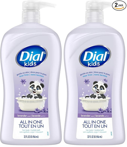 Dial Kids All-in-1 Body + Hair + Bubble Bath, Lavender Scent, 32 Fl Oz, Hypoallergenic Body Wash & Shampoo, No Tears Formula for Kids 2+ Years, No Parabens & Silicones (Pack of 2)
