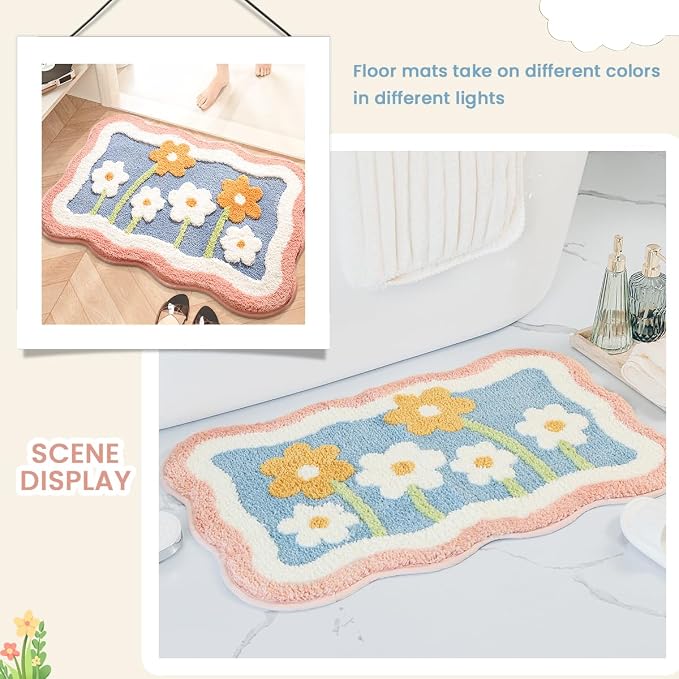Simplicity Flower Bathroom Mat Non Slip Bath Rug Extra Absorbent and Soft Microfiber Bath Carpet Machine Washable Bath Rug for The Entrance of The Door, Bathroom and Bedroom (31"x20",Blue)