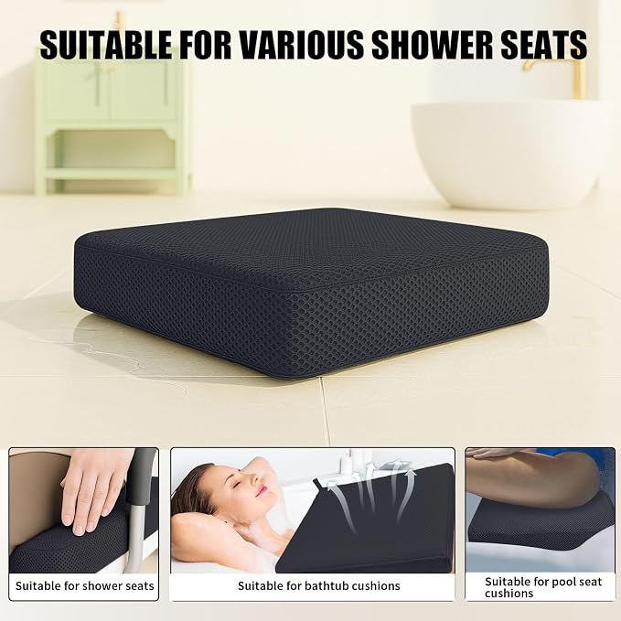 Shower Seat Cushion,Thickened Shower Chair Cushion 4D Air Fiber Material,Machine Washable and Fast Drying Suitable for Shower Seats Bathtub Baths, Poolside & Rest Dressing Room Seats，Black