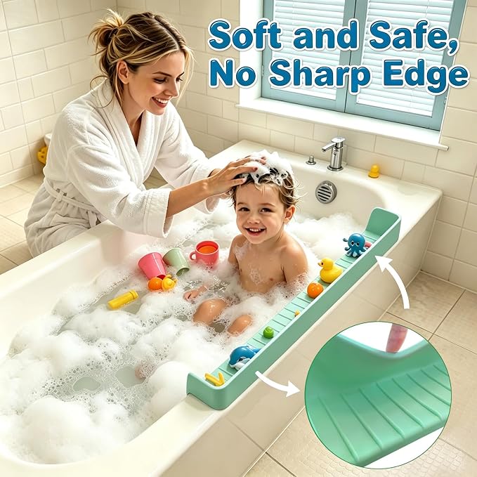 Bathtub Splash Guard with Strong Suction Cups, Silicone Splash Guard for Bathtub, Bath Toys Storage & Organizer Shelf for Kids, Flexible Water Guard for Bathroom Tub Edge and Kitchen Sinks Green