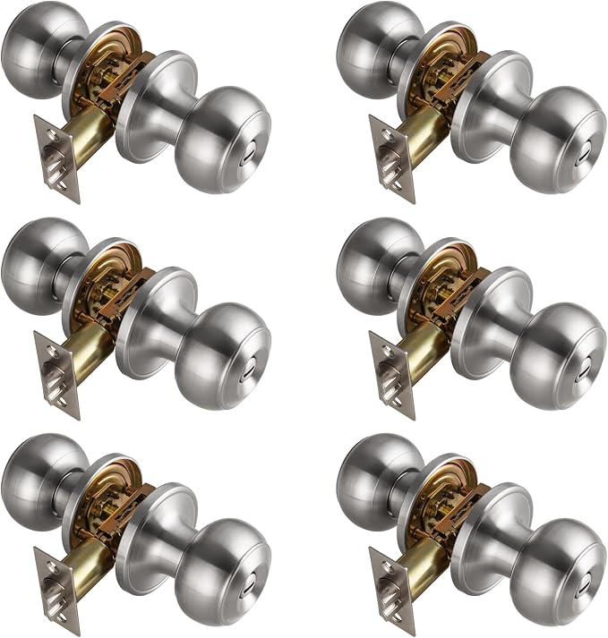 6 Pack Brushed Nickel Door Knobs Interior,Bath & Bed Privacy Door Knob, Keyless Door Lock Round Doorknobs