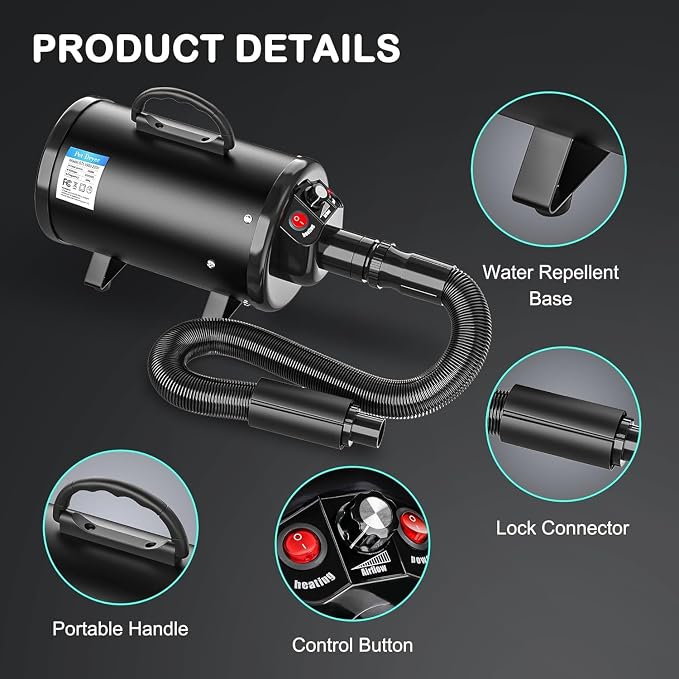 Nova Microdermabrasion High Velocity Pet Hair Force Dryer, Professional Pet Grooming Blower with 3 Nozzles Heater Air Speed for Grooming