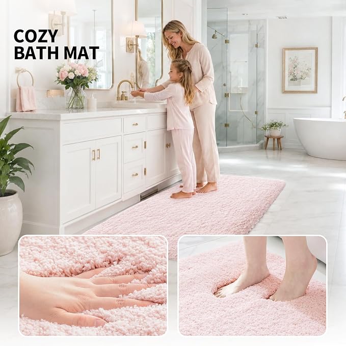 ILANGO Pink Bathroom Rugs 24" × 17" Non Slip & Super Absorbent Extra Thick Soft, Washable Bath Mat for Floor, Non Shedding Microfiber Plush Holiday Bath Rug with Rubber for Shower Sink