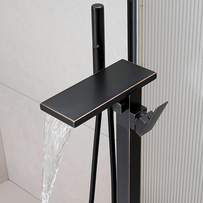 Hoimpro Tub Filler Freestanding Bathtub Faucet Oil Rubber Bronzed Floor Mount Tub Faucet Waterfall Free Standing Bathtub Filler High Flow Brass Bath Shower Faucets with Handheld Sprayer