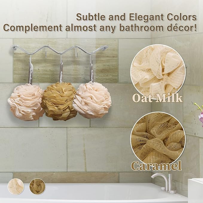 myHomeBody 60g Loofah Sponge, Body Scrubber, Bath Sponge, Loofah for Women, Men, Exfoliating Sponge Shower Pouf with Activated Charcoal – 3 Pack, 2 Caramel + 1 Oat Milk