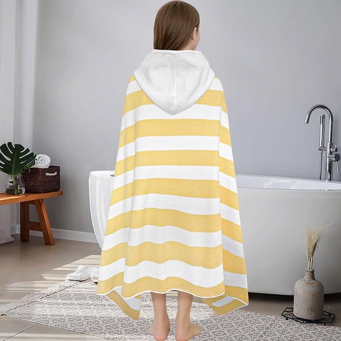 VOOVA & MOVAS Teens Hooded Towel (8Years Up) | Soft Absorbent 100% Cotton Thick Towel Wrap for Big Kids | Versatile Beach, Pool, Swim & Bath Cover-Up,Yellow White Stripe