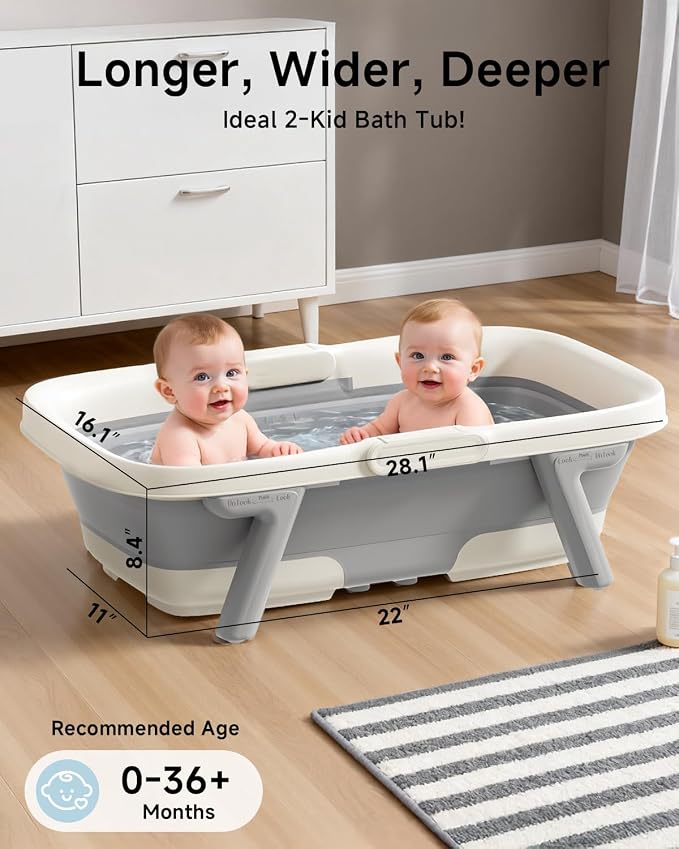 Collapsible Baby Bathtub, Large Baby Tub with Thermometer & Soft Cushion for Newborn to 36-Month Toddler Bathtub,Foldable for Quick Use & Portable for Travel, Baby Bath Gift (Grey)