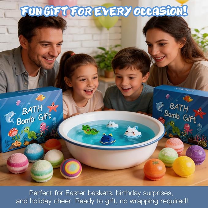 2PCS Bath Bombs with Toys Inside for Kids Toddler 1-3 Fizz Bathbombs Surprise Natural Organic Bubble Balls Boys and Girls Gifts Bulk Beads Foam Bubbly Ocean Burbujas para Bañera Niños