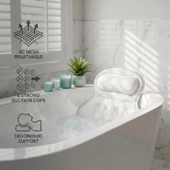 Bath Pillow Bathtub Pillow, 6D Bath Pillows for Tub Neck and Back Support | with 6 Non-Slip Suction Cups Bath Tub Pillow Headrest,Relaxing Bathtub Pillow Bathroom Shower Accessories Spa Gifts