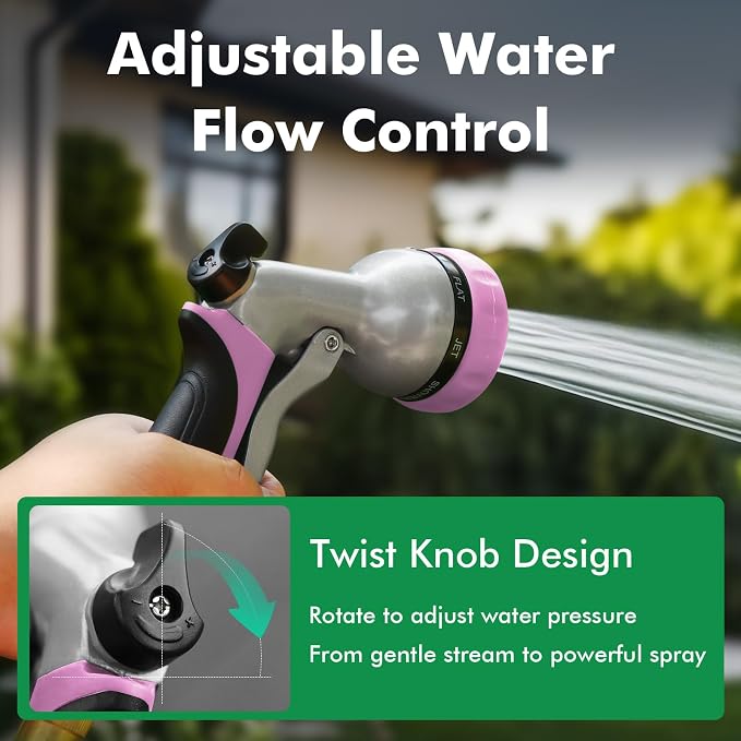 RESTMO Garden Hose Nozzle, Heavy Duty Metal Water Hose Nozzle with 7 Adjustable Spray Patterns, High Pressure Hand Sprayer with Flow Control, Best for Watering Plant & Lawn, Washing Car & Pet, Pink