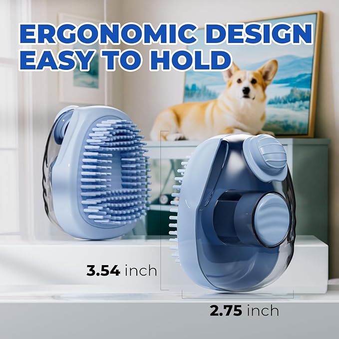 JIGA Cat Brush, Dog Bath Brush with Shampoo Dispensing, Dog Brush for Shedding with Self Cleaning, Dog Grooming Supplies, Blue