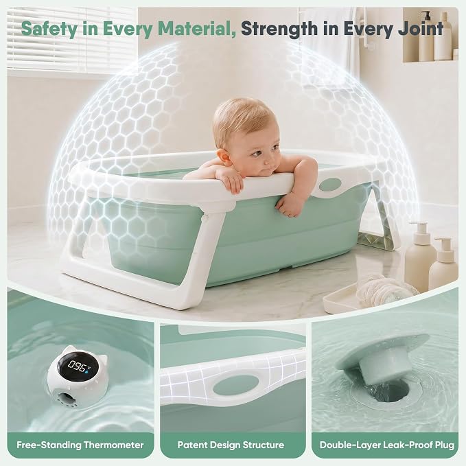 CheerTry 4-in-1 Grow-with-Me Baby Bathtub, Foldable Infant Tub for Newborn to Toddler from 0-24 Months, Collapsible Baby Bath Tub with Removable Bath Basket & Built-in Thermometer for Baby Shower