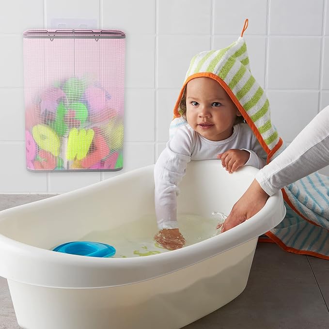 Linkidea 2 Pack Mesh Hanging Storage Organizer, Bathtub Basket with Adhesive Hooks, Shower Caddy for Kid Bathroom Accessories (Blue & Pink)