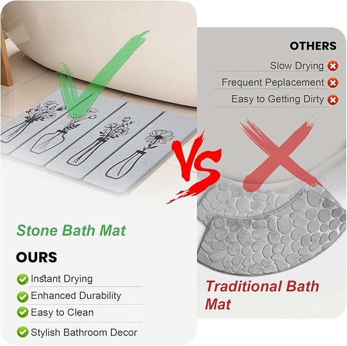 Foldable Stone Bath Mat - 24x16 Inch, Super Absorbent Diatomaceous Earth Large Gray and Black Floral Modern Stone Bath Mats for Bathroom Decor Quick Dry Non-Slip Shower & Bathtub & Drying Mat