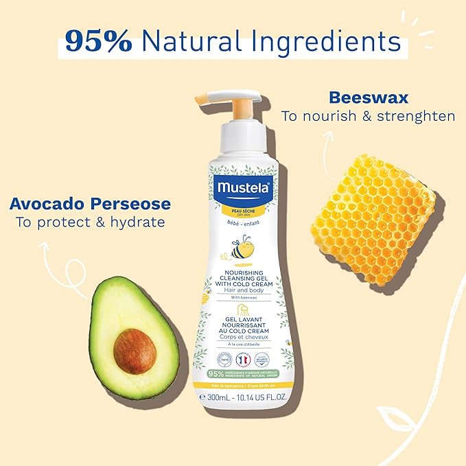 Mustela Baby Nourishing Cleansing Gel – Hair & Body Wash for Dry Skin - with Natural Avocado, Cold Cream & Beeswax - 10.14 fl. oz.