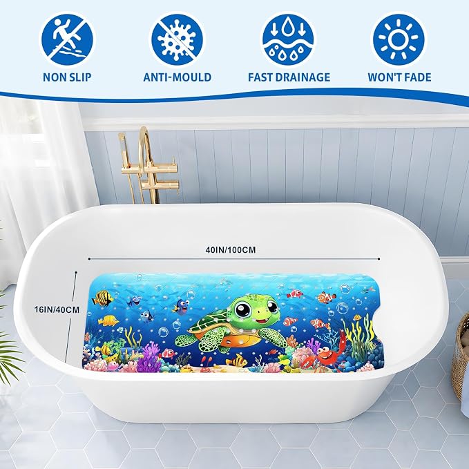 XIYUNTE Baby Bath Mat for Tub Non Slip Kids Bath Mat - 40''x16'' Extra Long Cartoon Turtle Baby Bath Tub Mat Eco-Friendly Toddler Bath Mats with Suction Cups & Drain Holes, Easy to Clean & Easy Drying