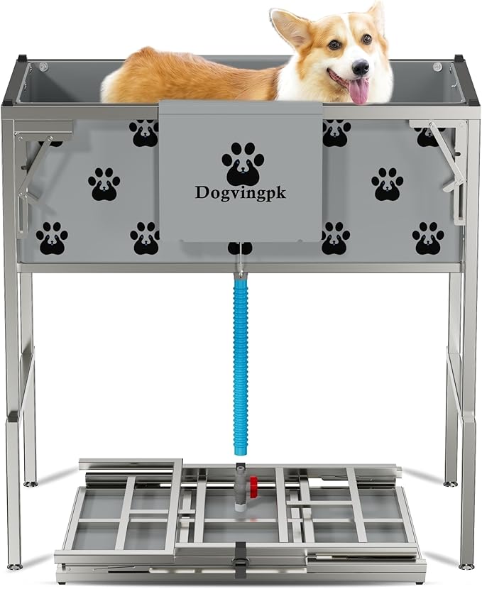 Dogvingpk Portable Foldable Elevated Dog Bathtub, 300 lb Capacity with Drain for Bathing Grooming Medium and Large Dogs, Indoor Outdoor Use (2 PVC-TUB-L)