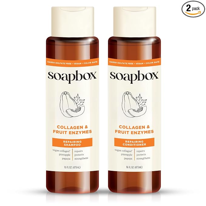 Soapbox Collagen & Fruit Enzymes Shampoo & Conditioner Set, Protects, Repairs & Strengthens Hair - Clean Ingredients Free of Harsh Chemicals, Sulfates, Parabens & Silicones - 16 oz Each