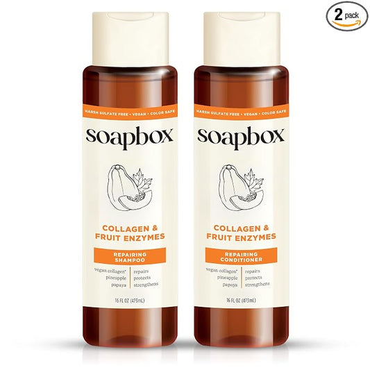 Soapbox Collagen & Fruit Enzymes Shampoo & Conditioner Set, Protects, Repairs & Strengthens Hair - Clean Ingredients Free of Harsh Chemicals, Sulfates, Parabens & Silicones - 16 oz Each