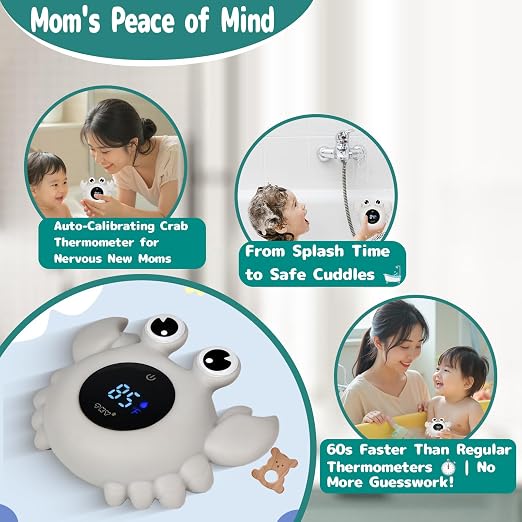 Crab Baby Bath Thermometer Toy - Digital Floating Water Thermometer with LED Display, Color Temperature Alerts & Safe Bath Sensor for Newborn, Infant Bathtub Essentials