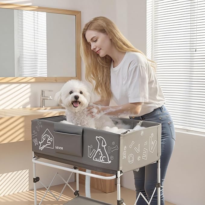 VEVOR Dog Bathtub, Elevated Dog Bath Tub, Collapsible Pet Bathing Grooming Wash Station, Portable Foldable Space-Saving, with Built-in Drain Hose for Small and Medium Pet Cat Indoor & Outdoor, Gray