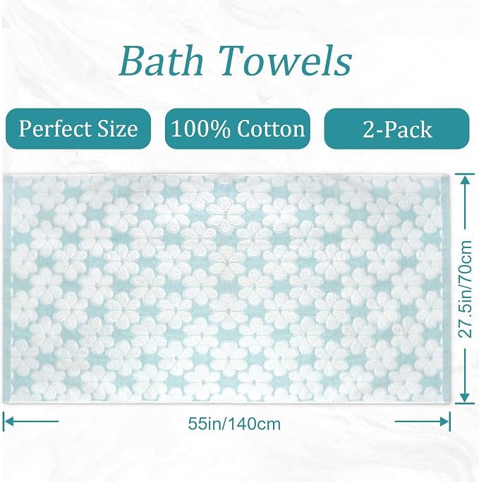 Cotton Towels for Bathroom Decor with Floral Jacquard, Super Soft and Absorbent Bath Towel Set of 2, Large Size 27.5x55 Inches