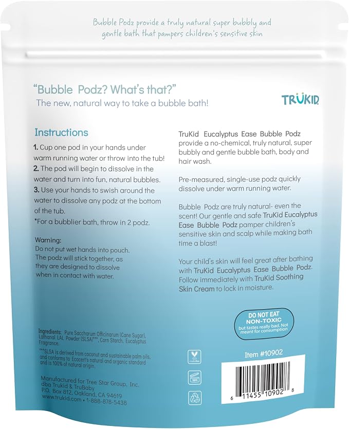 TruKid Bubble Podz Bubble Bath for Kids, Toddlers, & Babies, Tear Free Gentle & Refreshing Bath Bomb for Sensitive Skin with Natural Moisturizers, Non-Toxic, pH Balanced, Eucalyptus Scent (60 Podz)