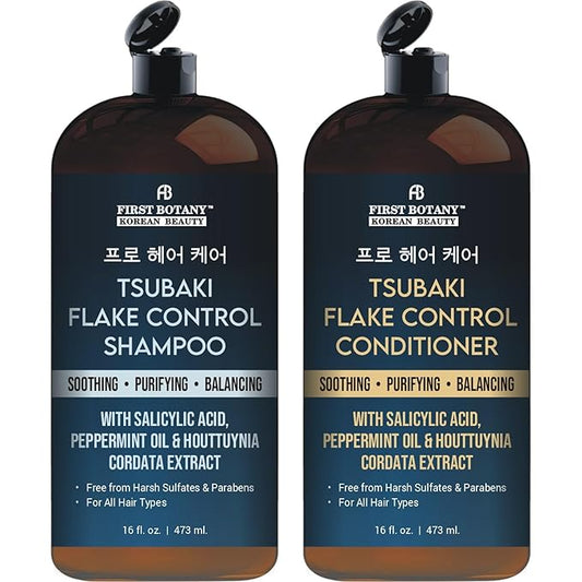 Korean Flake Control Shampoo & Conditioner Set – Fights Hair Loss, Dandruff, Lice & Itchy Scalp, Promotes Hair Growth With Zinc Pyrithione, Salicylic Acid - Free from Harsh Sulfates & Parabens –16 oz