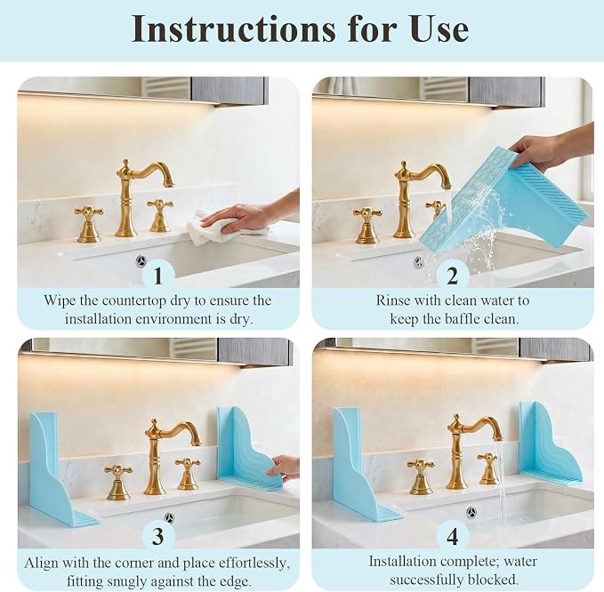 2-Pack Blue All-Silicone Bathtub Splash Guards. | No-Glue Corner Water Stopper with Secure Suction Cups, Easy On/Off Bath Tub Leak Proof Barrier for Walk-in Showers.