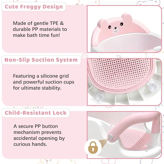 Baby Bath Seat for Babies 6 Months & up Non-Slip Toddler Bath Seats for Sitting Up Infant Bathtub Chair with Suction Cups and Soft Cushion for Baby Shower Tub Seat, Pink