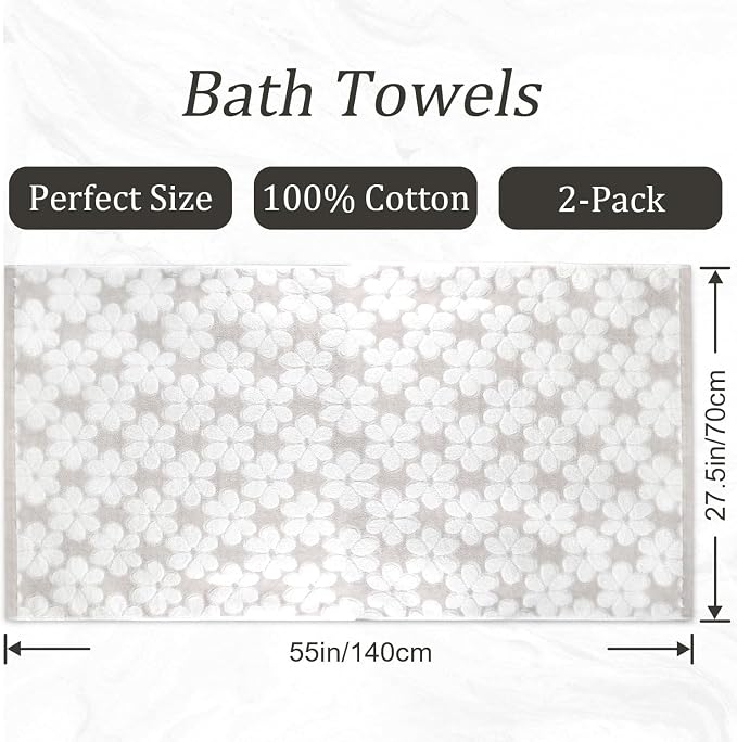 Jacquotha Soft Bath Towels 2 Pack, Super Absorbent Shower Towels 27.5x55 Inches, Cute Floral Jacquard Bathroom Set, Cotton, Light Beige