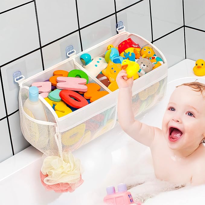 Austion Original Two Compartment Easy-access Mesh Bath Toy Organizer for Bath Tub with Large Openings Quick Drying Cute Toddler Bath Toy Storage Holder for Baby