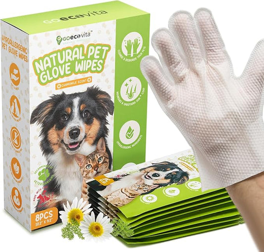 GoEcoVita Pet Deodorizing Glove Wipes for Dogs & Cats | Nourish & Clean Fur & Skin | Coconut Oil & Chamomile Rinse-Free Wipes | Bathing Glove Wipes for Daily Care | Natural, Hypoallergenic (8 Pack)