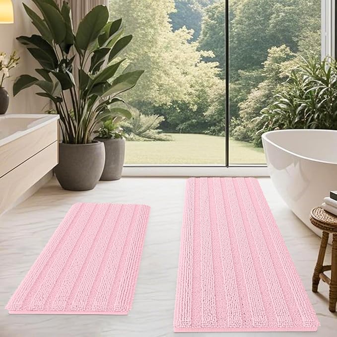 ACCUMTEK Christmas Striped Pink Bathroom Rug Mat Set 2 piece 24"x17"+48"x20" Ultra Soft, Non Slip Chenille Bath Rugs, Absorbent Plush Shaggy Bath Mats for Bathroom, Bedroom, Kitchen, Shower, Tub