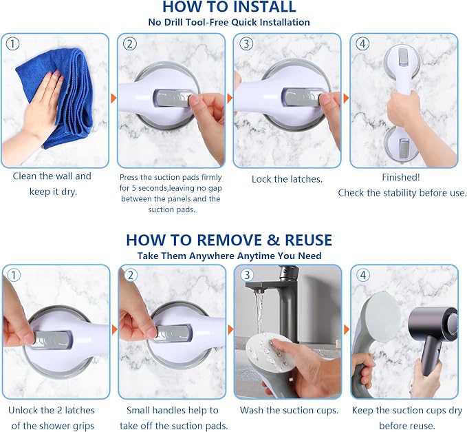 Grab Bars for Showers and Bathtubs 2 Pack, 12 Inch, Yenisyea | Suction Cup Shower Handles for Elderly and Seniors, Heavy Duty Shower Safety Bars for Bathroom Removable No Drill