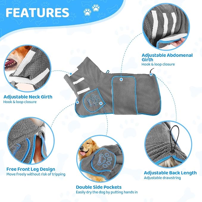 SlowTon Dog Bathrobe Drying Coat – Super Absorbent Microfiber Towel Wrap with Adjustable Collar & Belly Strap, Fast Drying Bath Robe for After Bath Swim, for Large, Medium, Small Dogs (Grey M)
