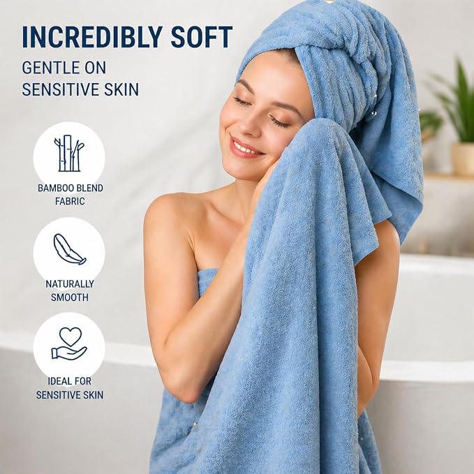 SEISSO 4 Pack Extra Large Bath Towels 63"x35", Bath Sheets for Sensitive Skin 70% Polyester 30% Viscose Fiber from Bamboo, Super Soft, Highly Absorbent & Quick Dry, Oversized (4, Light Blue+Brown)