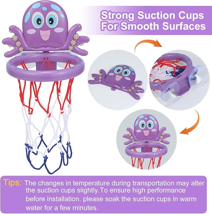 Bath Toys - Basketball Hoop Set Bathtub Toys for Toddlers Ages 1-3, Mini Basketball Hoop Toddler Bath Toys for Kids Ages 3-5,with Strong Suction Cup & 3 No Hole Balls, Sensory Toys (Purple)