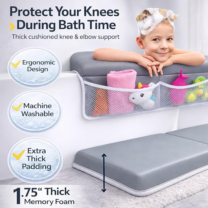 Comfortable Baby Bath Kneeler and Elbow Rest Pad Set, Non-Slip Bathtub Kneeling Pad for Bathing Baby, Bath Tub Cushion Mat, Elbow Pads, Toy Organizer Storage Pockets, Strong Suction Cups (Lua Gray)