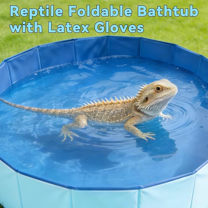 Foldable Bearded Dragon Pool Bathtub, Reptile Bath Pool Bearded Dragon Swimming Pool with Brush Gloves Reptile Accessories Swimming Pool for Turtle Lizard Small Pets
