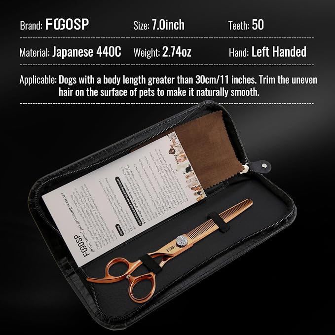 Lefty Thinning Shears for Dogs 49 Teeth 7'' Rose Gold Titanium Professional Blending Thinner Scissors for Dogs Cats Pet Japan 440C Sharp Left Handed(7,Thinner)