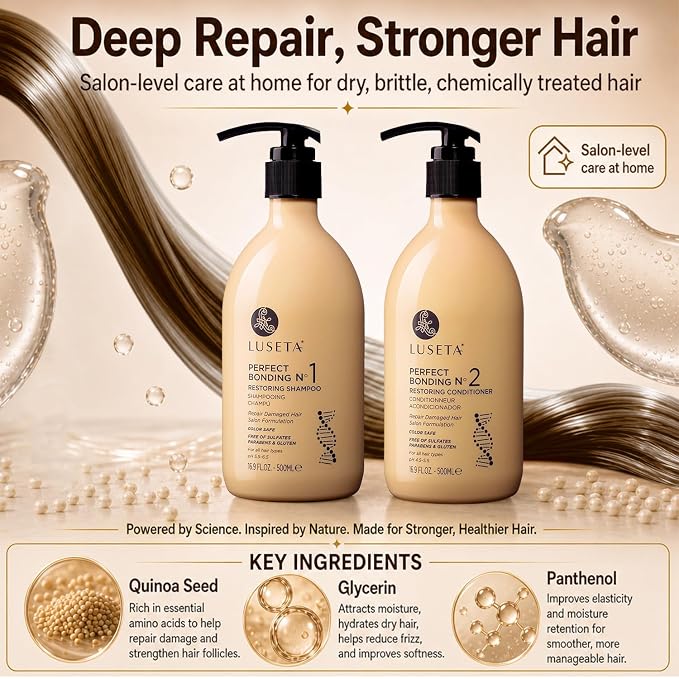 LUSETA Bond Repair & Revitalizing Shampoo and Conditioner Set for Chemically Damaged Hair. Deep Moisture to Smooth Frizz & Add Shine. Strengthens Hair Structure with Rosemary & Marula Oils, 2x16.9 oz
